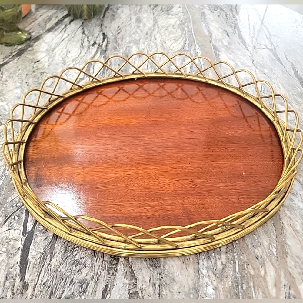 Wood  Serving Tray With Brass Vintage Decor